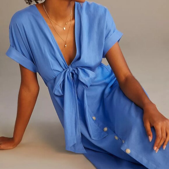 NWT - Maeve by Anthropologie Linen Blend Blue Midi Dress with Tie Front - Picture 12 of 13